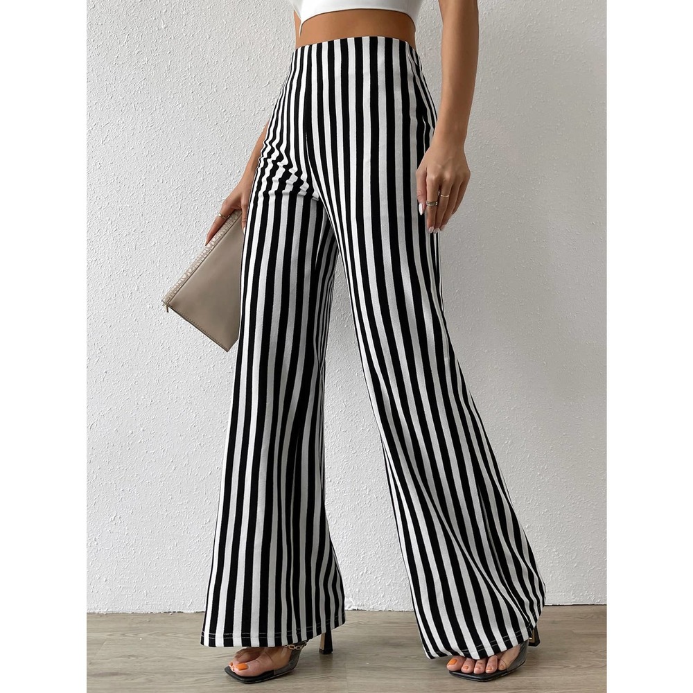 High Waisted Vertical Striped Flare Leg Pants minimalist black white